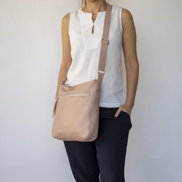 Pink Leather Crossbody Bag With Outside Pocket