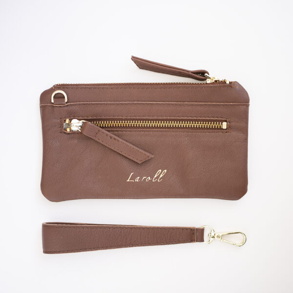 Soft leather wrist bag dark brown leather clutch small leather hand bag,  zipper top with cotton lining and cell phone pocket coin bag clutch