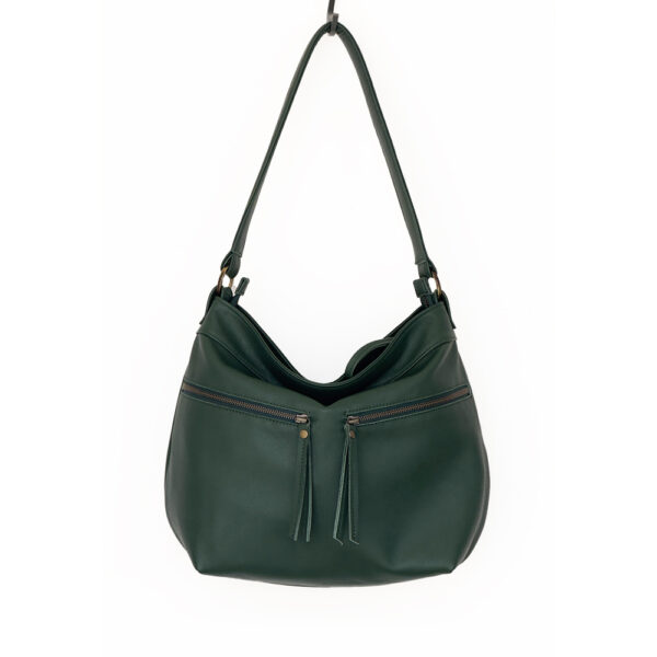 green leather hobo bag with two zippers